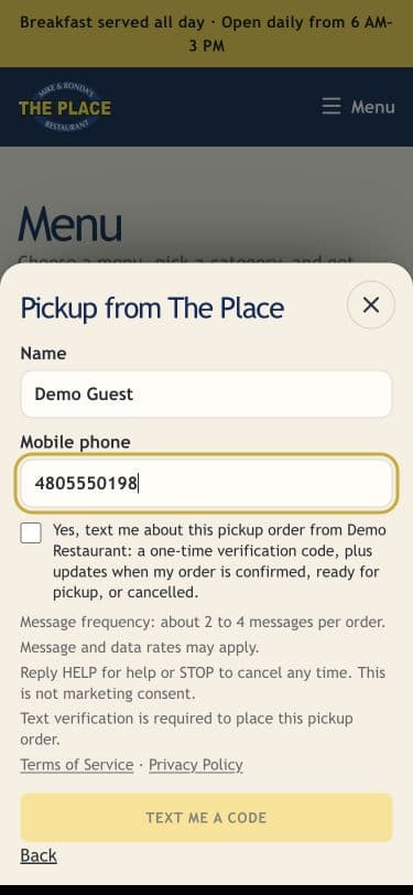 Pickup checkout: real product consent form with an unchecked checkbox and version 2 disclosure